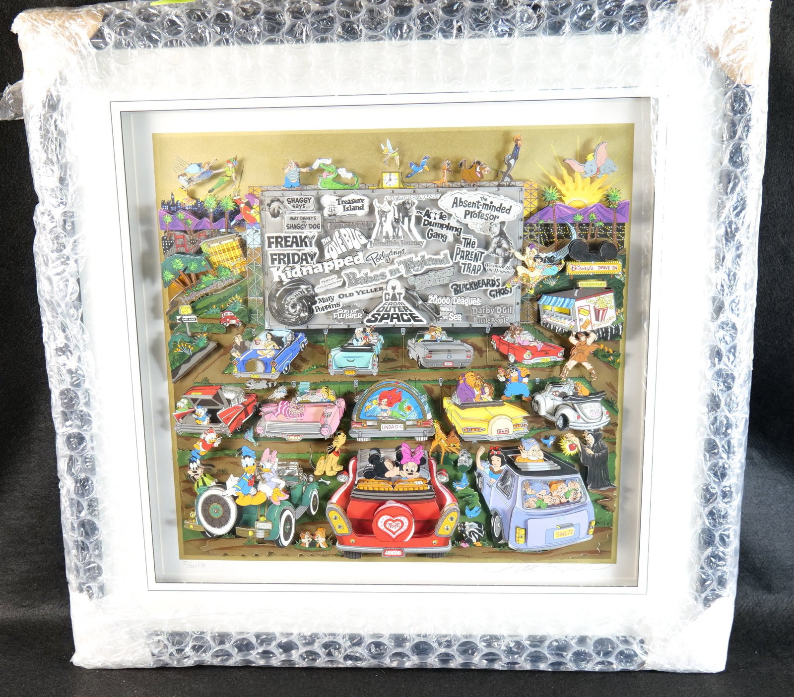Charles Fazzino Disney Drive-In 3D Pop Art Deluxe Edition: Charles Fazzino Disney Drive-In 3D Pop Art - Premiere Edition. Depicts various Disney characters in cars inspired by classic drive in movie theaters. Limited Edition #51 of 325. Signed and numbered on