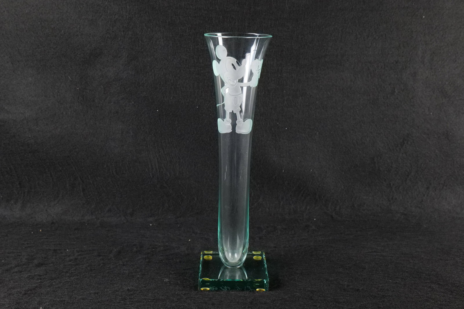 Disney Guenther Luna Mickey Mouse Etched Glass Vase: Disney Guenther Luna Mickey Mouse Etched Glass Vase. Signed on back of base. Limited Edition #49 of 500. Measures 14.75 inches tall by 4 inches wide. All invoices must be paid within 24 hours of the s