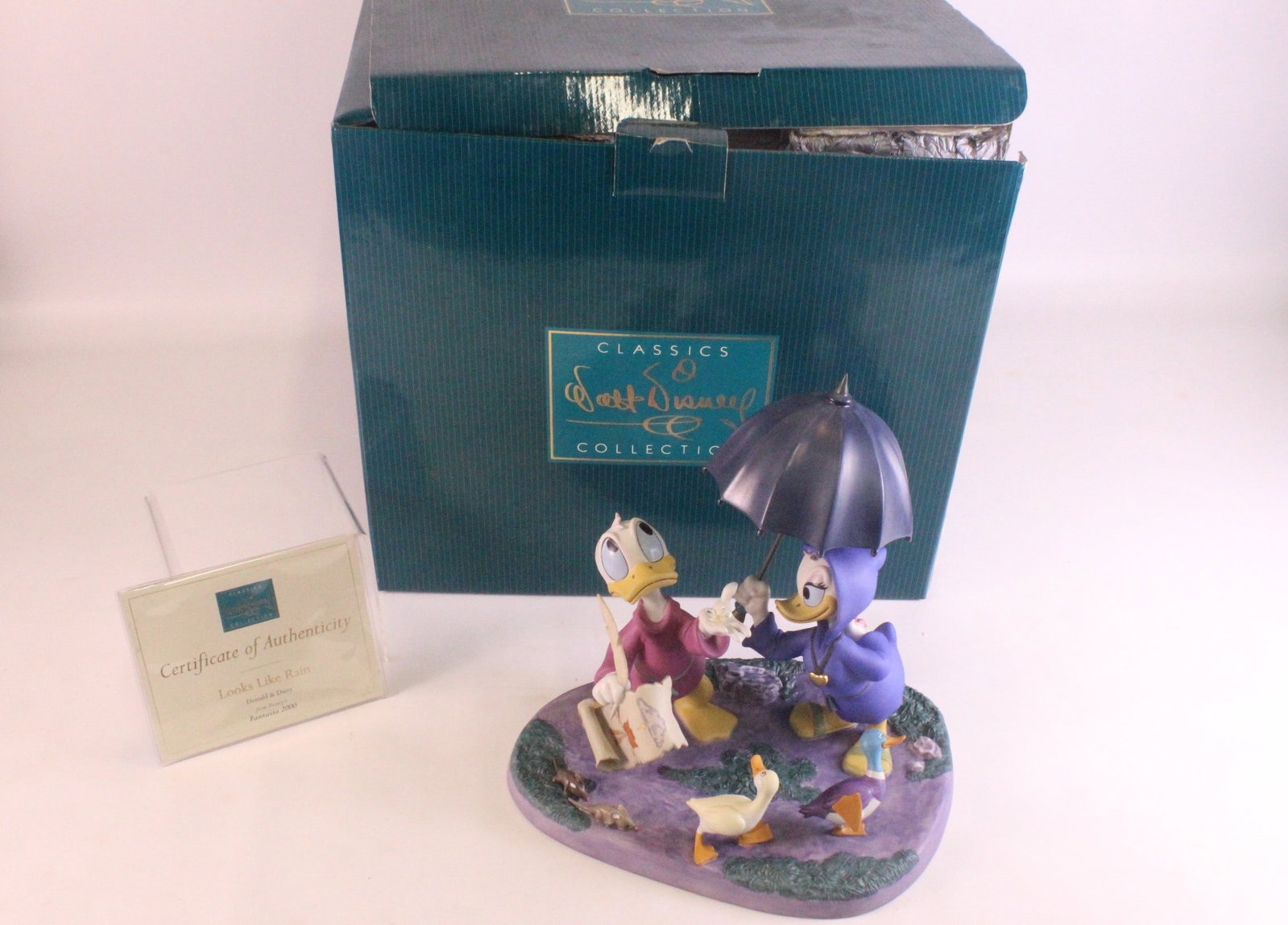 WDCC “Looks Like Rain” Donald and Daisy Duck Figurine: WDCC “Looks Like Rain” Donald and Daisy Duck Figurine From Fantasia 2000. Production Limited to the year 2000. Comes in original box with COA. Box has significant wear. Measures 9 inches tall 
