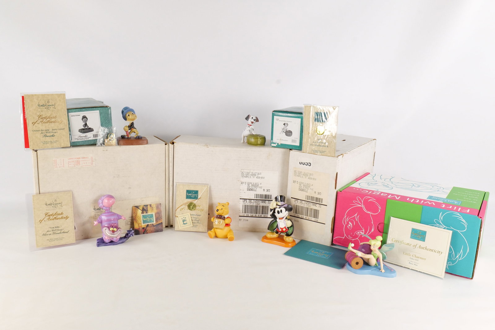Lot of 6 WDCC Figurines and Ornaments: Lot of 6 WDCC Figurines and Ornaments. Including "Taws Brillig" - Cheshire Cat from Alice in Wonderland, Magician Mickey "On with the Show" - Mickey Mouse, Cricket's the Name - Jiminy Cricket, Time fo