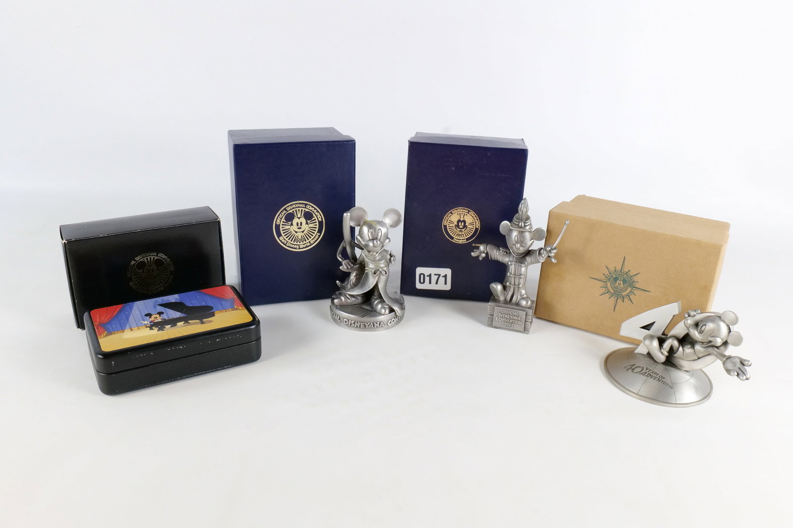Lot of 4 Disneyana Convention Figures and Collectibles: Lot of 4 Disneyana Convention Figures and Collectibles. Including 1993 Convention Pewter Bandleader Mickey - Limited to 1700 pieces, 40 Years of Adventure Disneyland Mickey Mouse Pewter Figure Special
