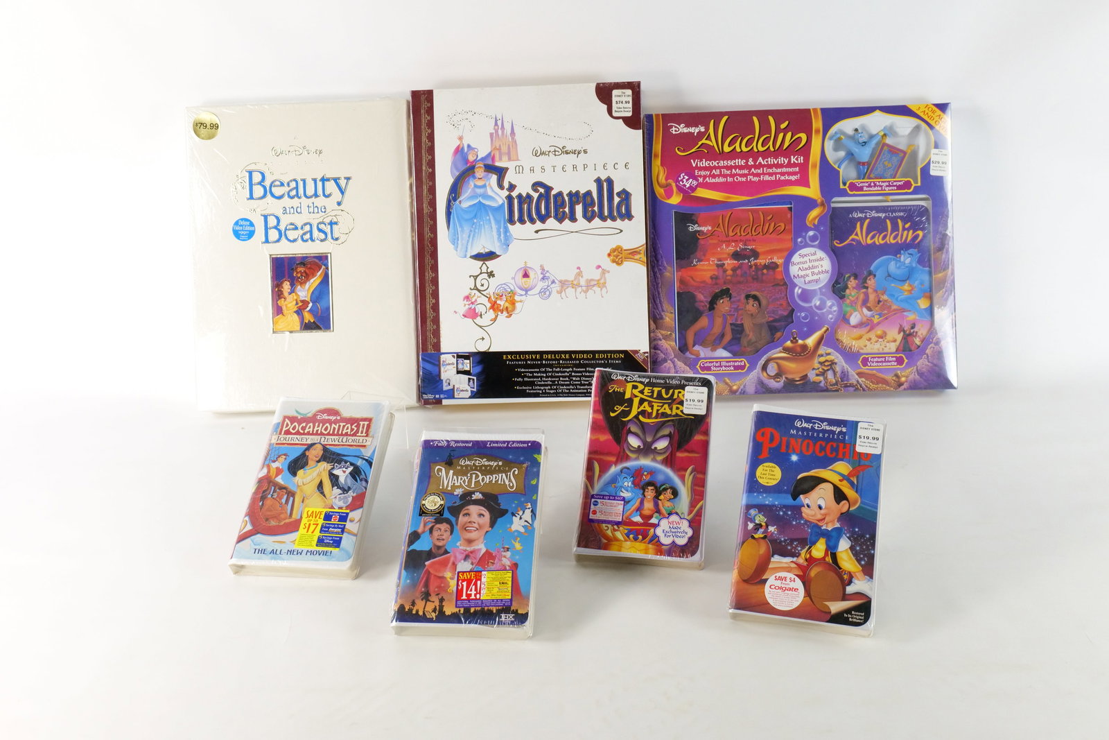 Lot of Sealed Disney VHS: Lot of Sealed Disney VHS. Including Aladdin Videocassette and Activity Kit, Masterpiece Cinderella Deluxe Set, Walt Disney Classic Beauty and the Beast Box Set, Pinocchio, Mary Poppins, The Return of 