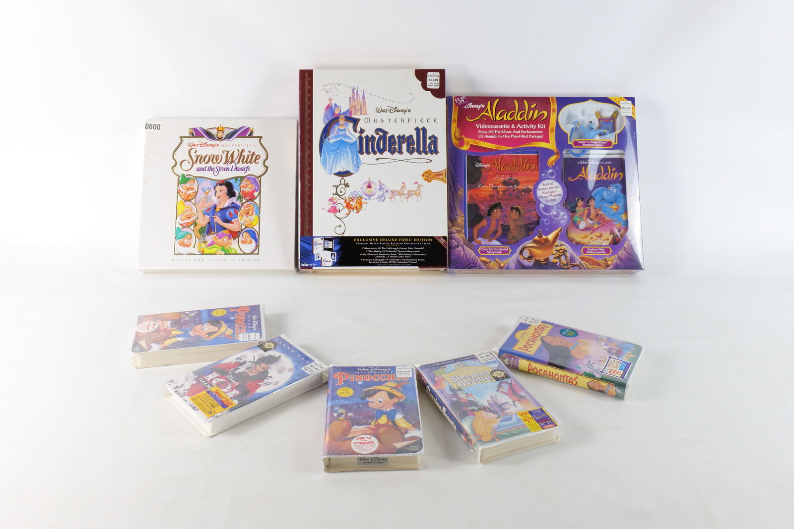 Lot of Sealed Disney VHS: Lot of Sealed Disney VHS. Including Aladdin Videocassette and Activity Kit, Masterpiece Cinderella Deluxe Set, Masterpiece Snow White Deluxe Box Set, 2 x Pinocchio, 101 Dalmatians, Sleeping Beauty, an