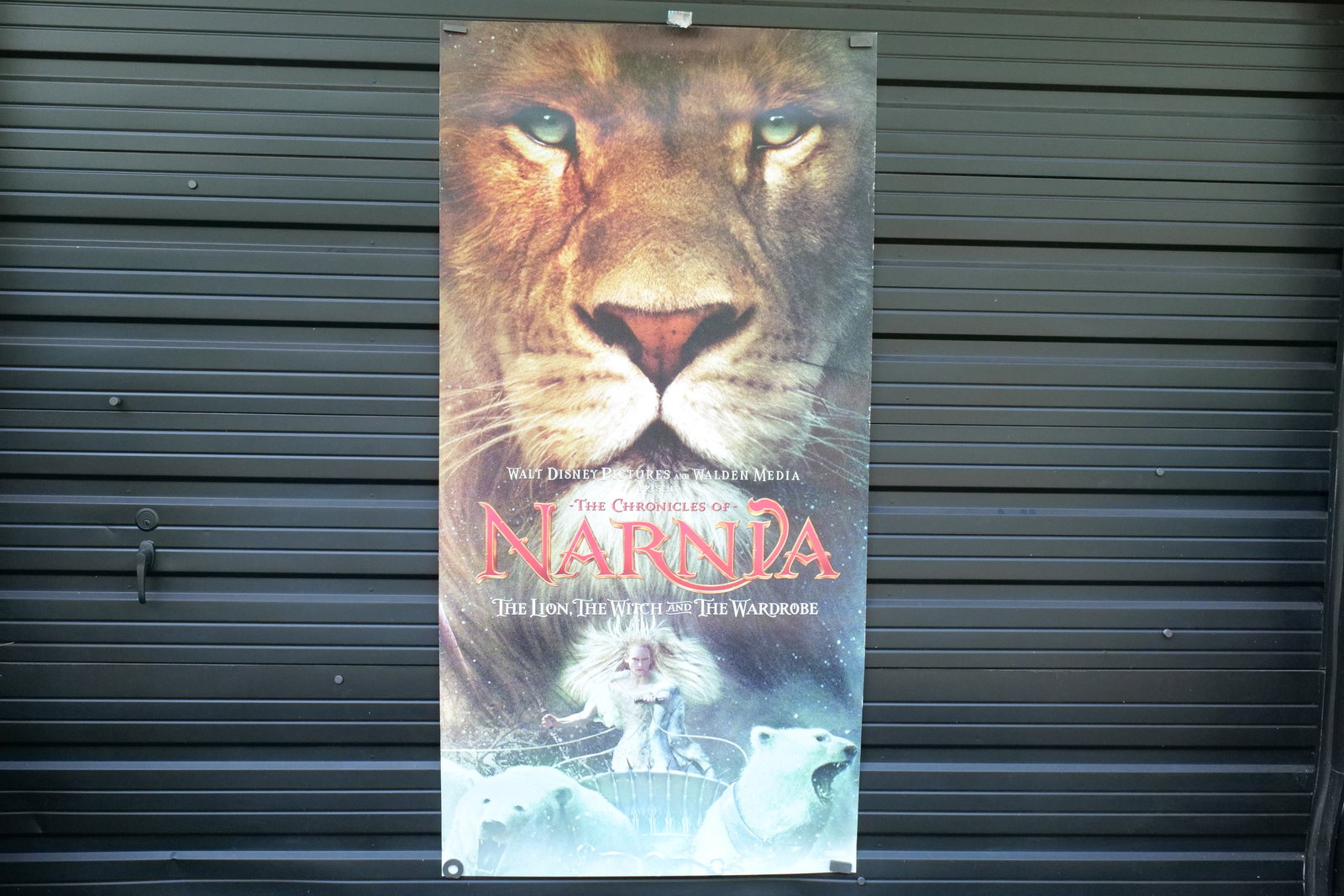 The Chronicles of Narnia Original Vinyl Movie Poster - Oversized: Disney The Chronicles of Narnia - The Lion, The Witch and The Wardrobe Original Vinyl Movie Poster. Some wear to the edges and some tape along the edge. Measures approx. 73" long x 36" wide. All invoi