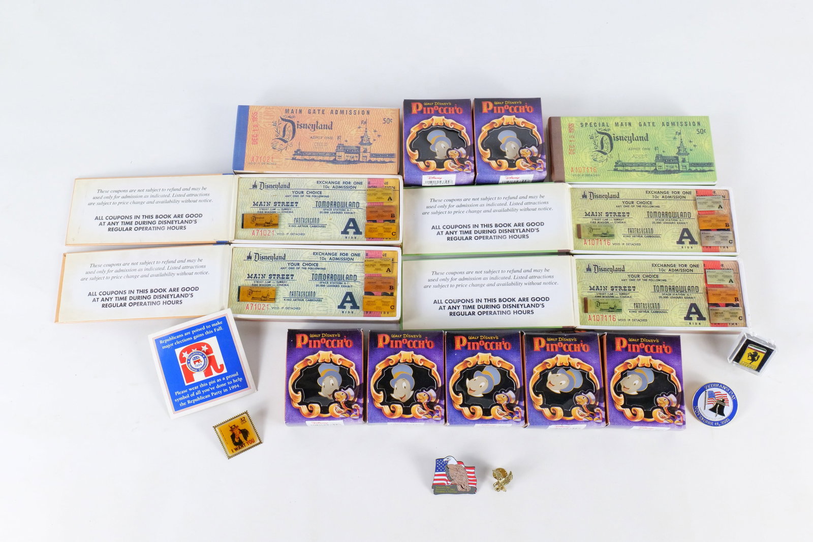 Lot of Mostly Disney Pins: Lot of Mostly Disney Pins. Including 3 x Disneyland Main Gain Admission Box Set, 3 x Special Main Gate Admission Box Set, 7 x Pinocchio Jiminy Cricket Pins in Box, and Some Non Disney Political Pins. 