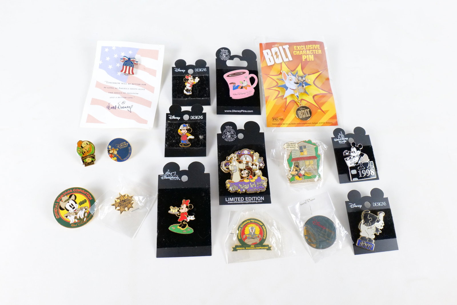Lot of 16 Disney Pins: Lot of 16 Disney Pins. Including Bolt Exclusive Character, New Year's Eve 2002 Limited Edition, Various Disneyana Convention, The Disney Store, Walt Disney World Resort Goofy with Coffee Mug, and more