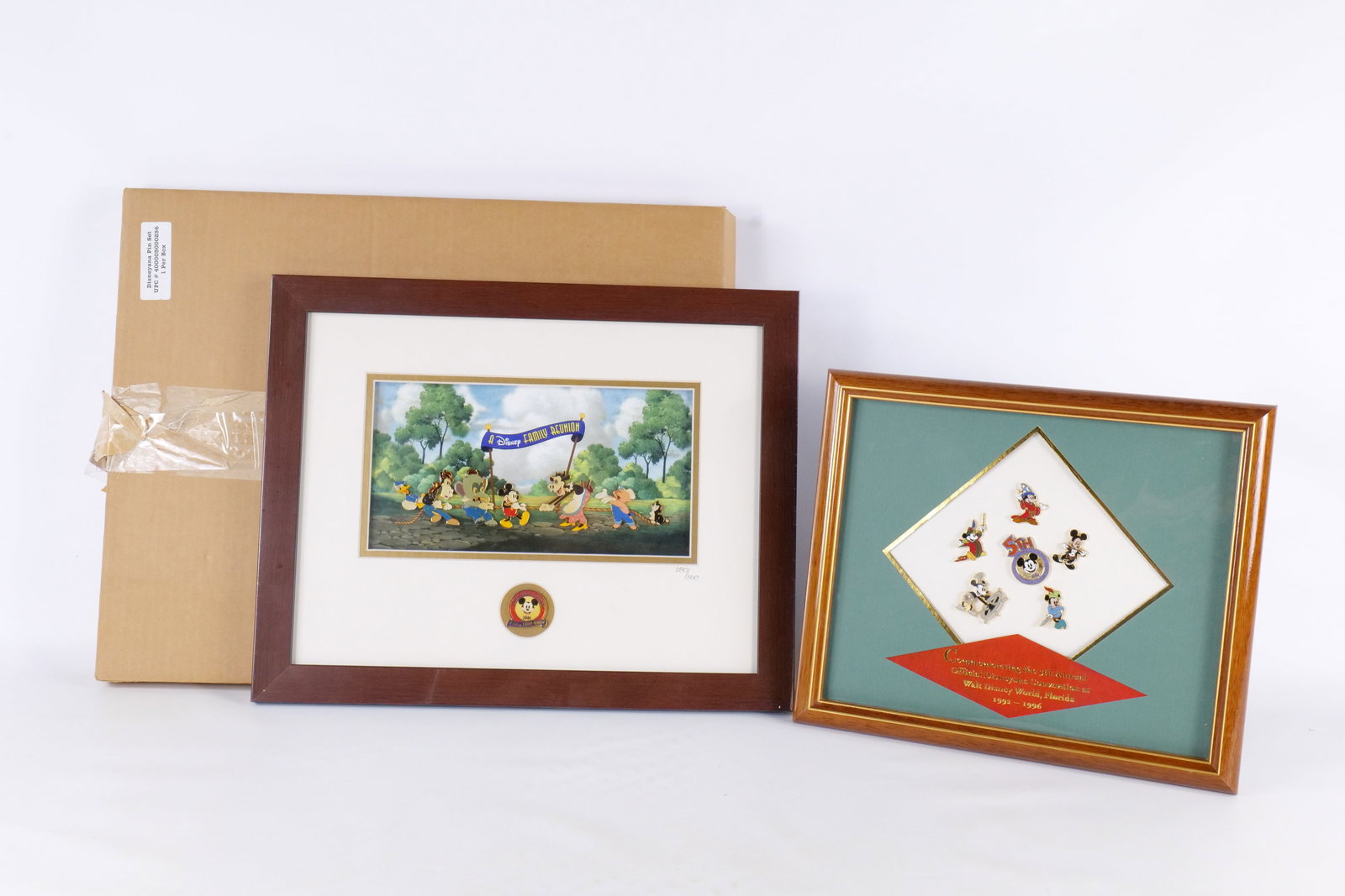 Lot of Disneyana Convention Pin Sets: Lot of Disneyana Convention Pin Sets. Including 1996 Mickey Mouse and 2004 "A Disney Family Reunion" Limited #280 of 500. Largest measures 14 inches tall by 17 1/2 inches long. The 2004 comes with shi
