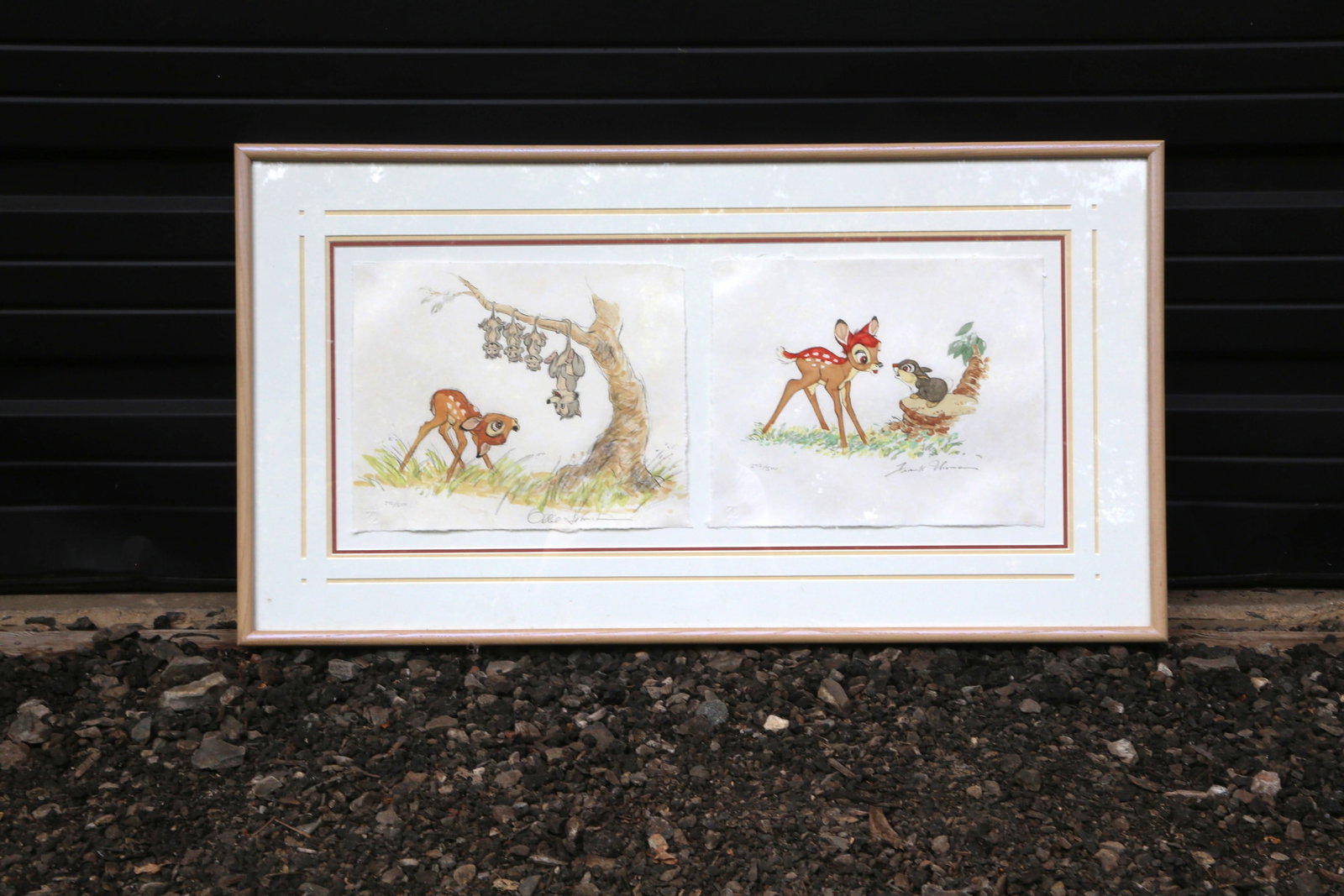 Disney Bambi Double Signed Limited Edition Lithograph Suite: Disney Bambi Double Signed Limited Edition Lithograph Suite. Limited Edition #272 of 500. Signed by Ollie Johnson and Frank Thomas. Framed and matted. Measures 18.75 inches tall by 35 inches long. All