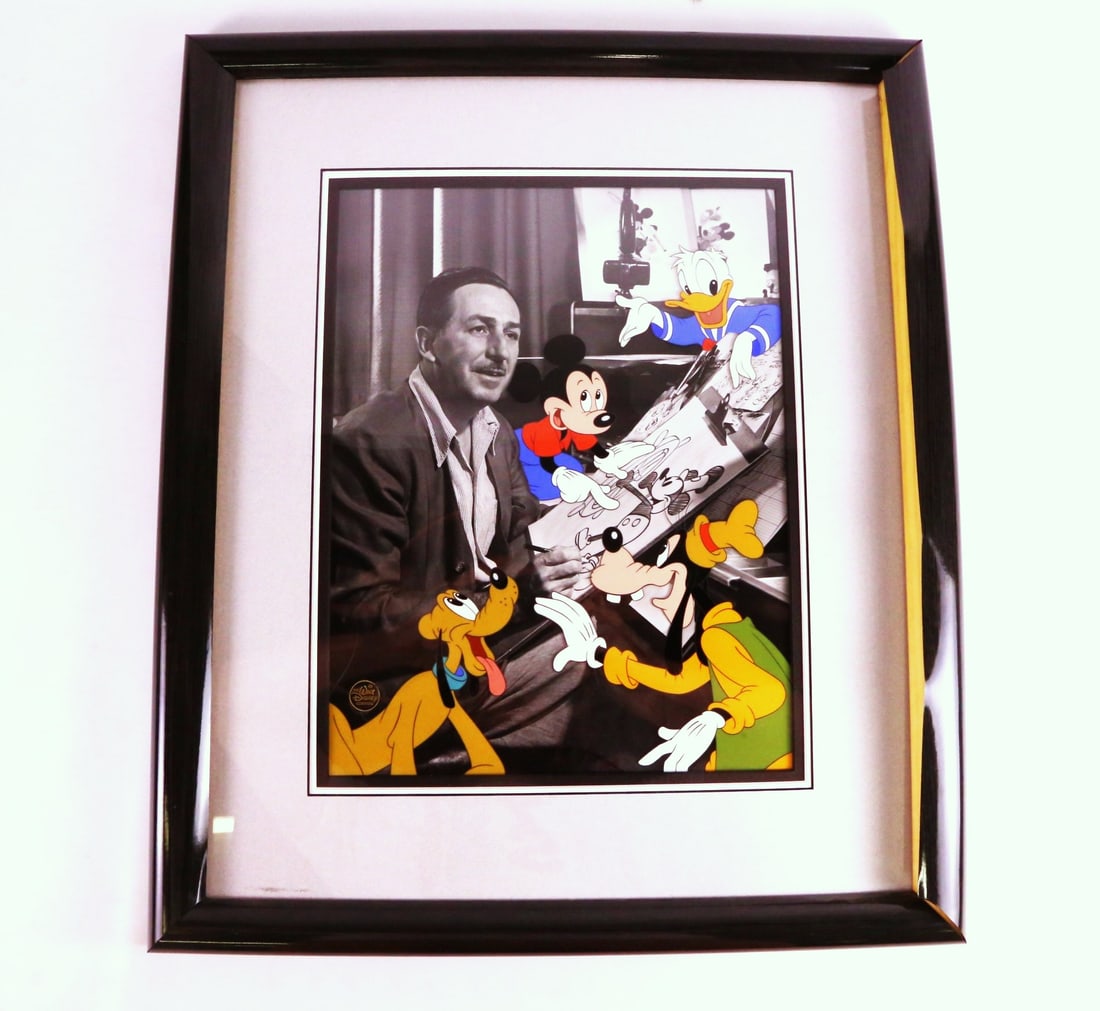 Disney "Walt's Drawing Board" Hand Painted Character Cel: Disney "Walt's Drawing Board" Hand Painted Character Cel. This Cel was Combined with a photograph taken August 1947 of Walt Disney at his drawing board. Depicts Walt, Mickey, Donald, Goofy, and Pluto.