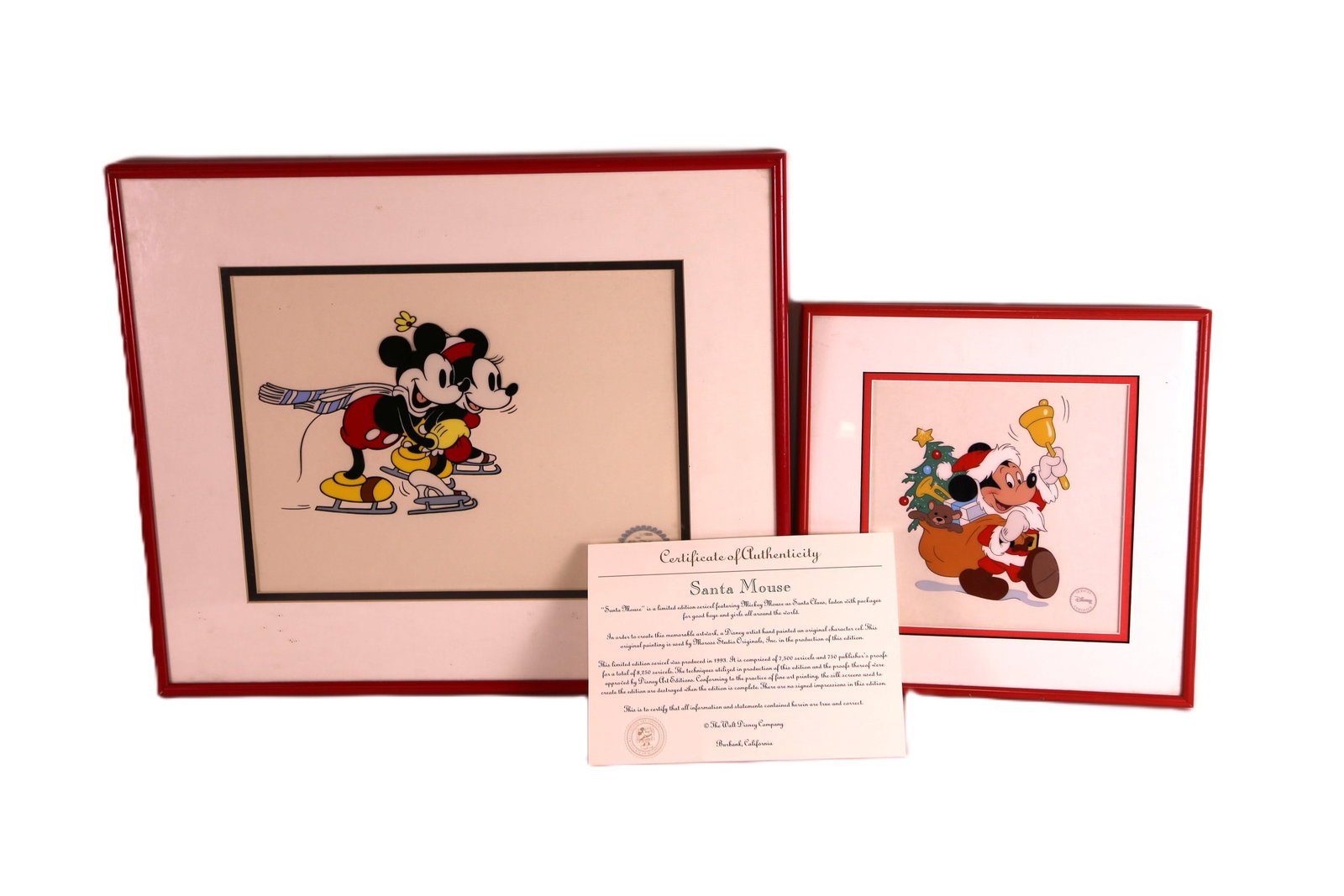 Lot of 2 Disney Pieces of Art: Lot of 2 Disney Pieces of Art. Including Santa Mouse Limited Edition Sericel and Mickey and Minnie "On Ice" limited Edition Serigraph. Both framed and matted in a red frame. Largest measures 14.25 inc