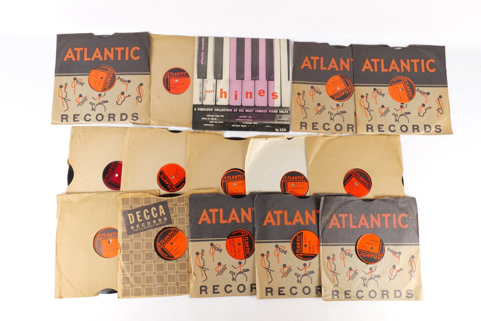 Lot of 15 Vintage 78 RPM Vinyl Records - Atlantic Records: Lot of 15 Vintage 78 RPM Vinyl Records - Atlantic Records. Includes R&B, Blues, and Jazz. Artists include The Drifters, Willis "Gator Tail" Jackson, Carmen Taylor, The Clovers, Joe Turner, The Rockets