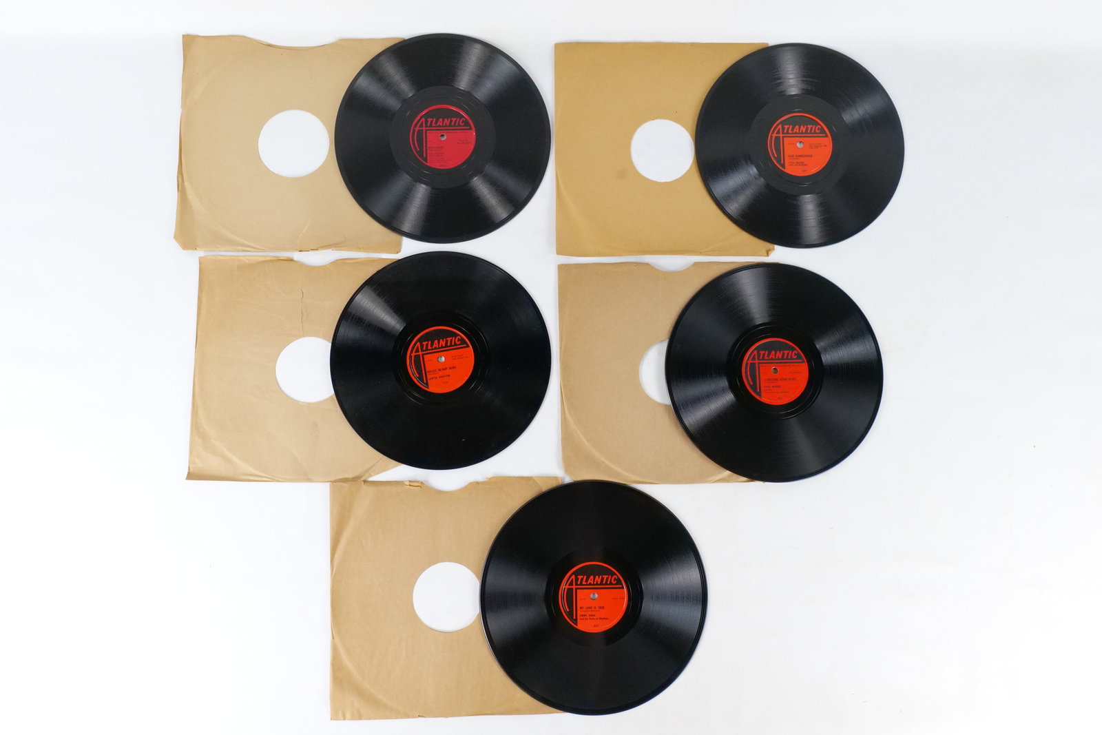 Lot of 5 Vintage Atlantic Records 78 RPM's: Lot of 5 Vintage Atlantic Records 78 RPM's. Genre is R&B/Blues and Jazz. Including Lawyer Houston, Stick McGhee and His Buddies, Jimmy Earle and his Earls of Rhythm, Stick McGhee and his