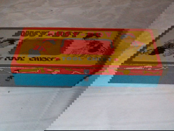 Busy Boy Tool Chest Ohio Art Tin Litho, contains a: Busy Boy Tool Chest Ohio Art Tin Litho, contains a saw, pliers, wrench, hammer, screwdriver, file, and hand drill. Set is in excellent condition. Buyer to pay $20 shipping and handling, to be sent US