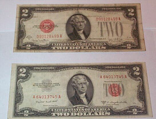 (2) Red Seal 2 Dollar Bills: (2) Red Seal 2 Dollar Bills, 1928 G and 1953 B