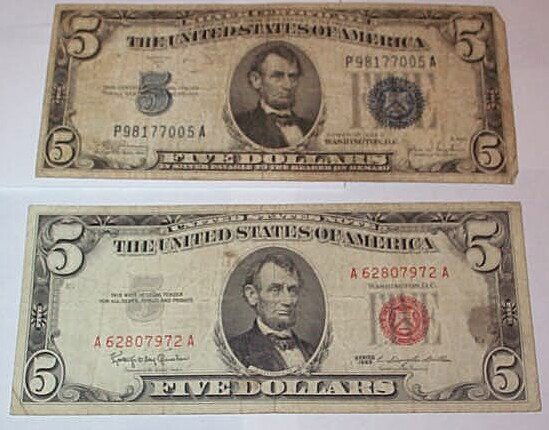 (2) 5 Dollar Bills: (2) 5 Dollar Bills, (1) Red Seal 1963 and (1) Blue Seal 1934 C