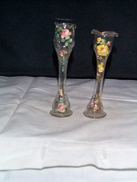 Lot of 2 Miniature Hand Painted Clear Vases, 4.25