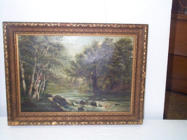 Oil on canvas depicting a stream with birch and oak