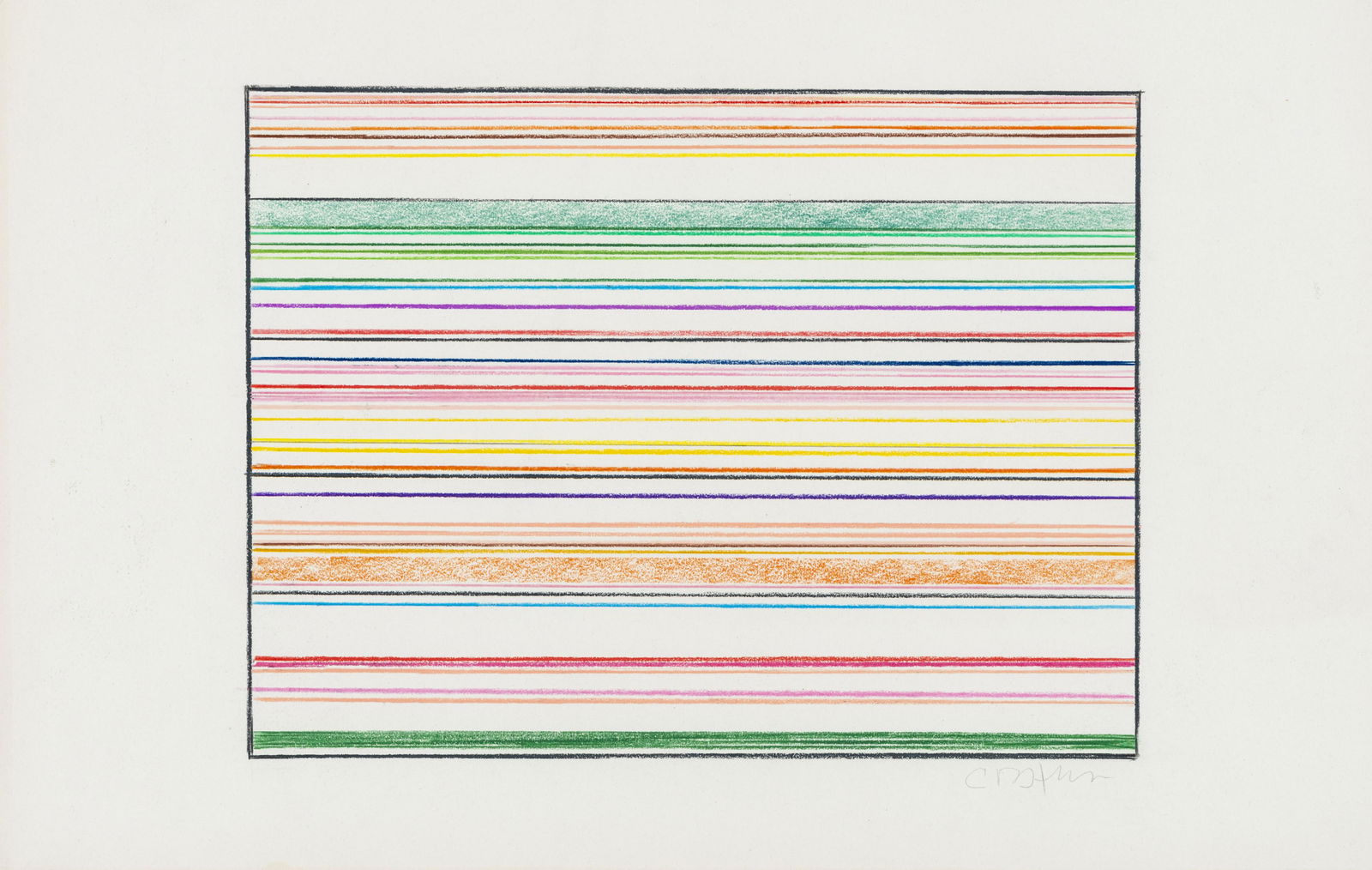 Rojas Carlos, s.t., s. f.: Sin título, sin fecha, Carlos Rojas (Colombia, 1923 -1997). Lapíz de color y crayola sobre papel. 24 cm x 33 cm. Firmado CRojas en la parte inferior derecha.