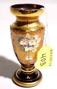 BOHEMIAN FLORAL ENAMEL DECORATED GLASS VASE: BOHEMIAN FLORAL ENAMEL DECORATED GLASS VASE, mid 20th century, with gilt detailing; 4-1/2 inch height