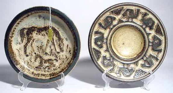 LOT OF TWO ROYAL COPENHAGEN DECORATED CIRCULAR STO: LOT OF TWO ROYAL COPENHAGEN DECORATED CIRCULAR STONEWARE BOWLS, the decorations depicting a horse on one and birds on the other; diameter of the largest 10 inches