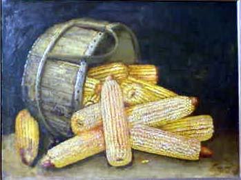ALFRED MONTGOMERY (American, 1857-1922): ALFRED MONTGOMERY (American, 1857-1922); oil on masonite, 16-1/2 inches by 22 inches; ''Corn with Overturned Bentwood Handle Basket''; signed lower right, original frame; REFERENCE: Benezit; Who Was W