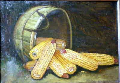 ALFRED MONTGOMERY (American, 1857-1922): ALFRED MONTGOMERY (American, 1857-1922); oil on masonite, 25 inches by 17 inches; ''Corn with Overturned Leather Handle Basket''; signed lower right, original frame; REFERENCE: Benezit; Who Was Who in