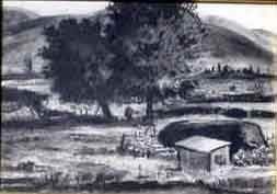 PETER HURD (American, 1904-1984); pen and ink wash: PETER HURD (American, 1904-1984); pen and ink wash on paper, ''Hondo Valley Landscape with Sheep''; signed lower right; 7 inches by 10 inches (Est. 1800-2400)