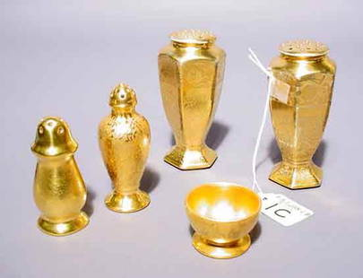 ASSEMBLED LOT OF FIVE FULLY GILDED PICKARD SALT: ASSEMBLED LOT OF FIVE FULLY GILDED PICKARD SALT AND PEPER SHAKERS; 3-3/4 inch average height