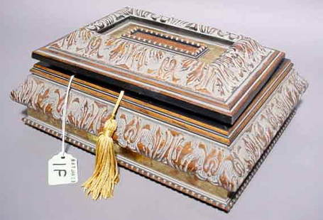 EUROPEAN GILDED WALNUT FINISH MEMORY BOX, with a: EUROPEAN GILDED WALNUT FINISH MEMORY BOX, with a washed finish, having a beaded and foliate design, with velvet lined interior; 9-1/2 inch length