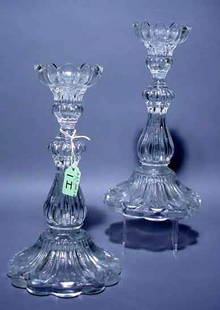 PAIR OF MOULDED GLASS CANDLE HOLDERS, of pedesta: PAIR OF MOULDED GLASS CANDLE HOLDERS, of pedestal and lobed form; 10-1/4 inch height NOTE: Sold for the benefit of the Museum of Fine Arts, Houston