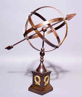 BRONZE FINISHED BRASS ARMILLARY SPHERE, resting: BRONZE FINISHED BRASS ARMILLARY SPHERE, resting on a square pedestal; 15 inch height