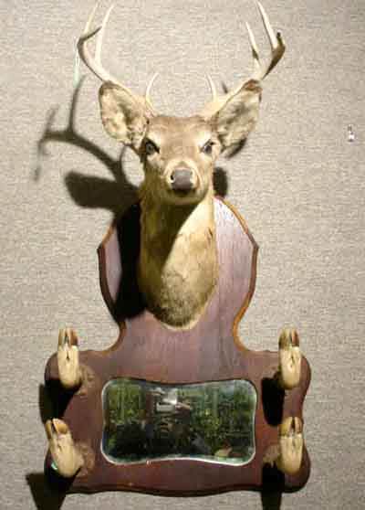 DISTINCTIVE OAK AND MIRRORED DEER TROPHY MOUNTED: DISTINCTIVE OAK AND MIRRORED DEER TROPHY MOUNTED HAT RACK, circa 1900-1920, the shaped oak plaque with a shoulder mount eight-point deer trophy, further detailed with four upturned hooves as hat holde