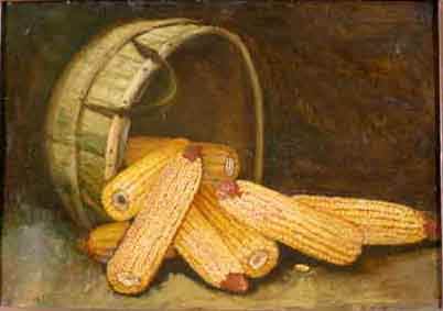 ALFRED MONTGOMERY (American, 1857-1922); oil on m: ALFRED MONTGOMERY (American, 1857-1922); oil on masonite, 25 inches by 17 inches; ''Corn with Overturned Leather Handle Basket''; signed lower right, original frame REFERENCE: Benezit; Who Was Who in