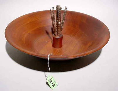 WOODEN NUT CRACKER SET, circa 1950, includes a c: WOODEN NUT CRACKER SET, circa 1950, includes a circular bowl, with a metal nutcracker and four nut picks (Est. 5-10)