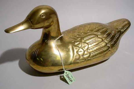 LIFE-SIZE HEAVY POLISHED BRASS FIGURE OF A DUCK;: LIFE-SIZE HEAVY POLISHED BRASS FIGURE OF A DUCK; 17-1/2 inch length (Est. 46-60)