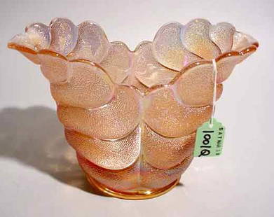 PINK IRIDESCENT GLASS VASE; 9 inch length; 5-1/2: PINK IRIDESCENT GLASS VASE; 9 inch length; 5-1/2 inch height (Est. 25-35)