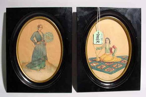 PAIR OF OVAL FRAMED SMALL WATERCOLORS, with ebon: PAIR OF OVAL FRAMED SMALL WATERCOLORS, with ebonized frames, image size 5-3/4 inches by 4-1/2 inches; ''Woman in Exotic Dress'' and ''Woman in Exotic Costume'' (Est. 75-125 the Pair)