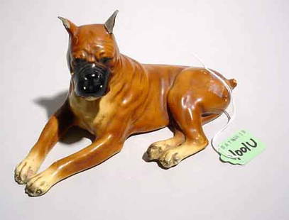 PORCELAIN FIGURE OF A RECLINING BOXER DOG; 7-1/2: PORCELAIN FIGURE OF A RECLINING BOXER DOG; 7-1/2 inch length; 4-1/4 inch height (minor losses to ears) (Est. 50-75)