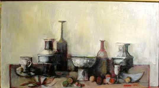 DAVID ADICKES (American, b.1927); oil on canvas,: DAVID ADICKES (American, b.1927); oil on canvas, 16 inches by 29 inches; ''Table Still Life''; signed lower right and dated 1955 (Est. 1400-1800) NOTE: Sold for the Benefit of Sheltering Arms, Houston