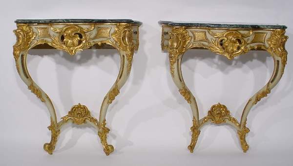 PR LOUIS XV STYLE CARVED, GILDED & DEC TABLES,: PAIR OF LOUIS XV STYLE CARVED, GILDED AND DECORATED MARBLE TOP CONSOLE TABLES, early 20th century, each having a shaped black and green marble top, fitted with two side drawers, detailed with pierced