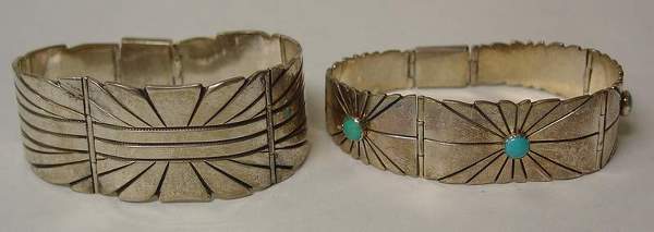 LOT OF TWO STERLING SILVER LINK DESIGN BRACELETS,: LOT OF TWO STERLING SILVER LINK DESIGN BRACELETS, one with inset turquoise, total weighing approximately 77.2 grams (Est. 30-50 the Lot)