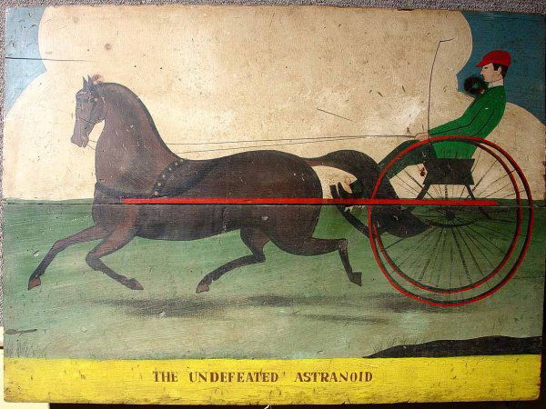 PRIMITIVE DECORATED WOOD PANEL, mid 20th century, o: PRIMITIVE DECORATED WOOD PANEL, mid 20th century, oil on panel, 23-1/2 inches by 32 inches; "Undefeated Astranoid" (losses) PROVENANCE; Karl Mann & Associates, New York (Est. 150-250)