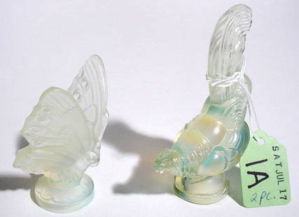 LOT OF TWO SABINO OPALESCENT ART GLASS FIGURES: LOT OF TWO SABINO OPALESCENT ART GLASS FIGURES, one modeled as a butterfly, the other as a pheasant; both signed; height of tallest 3-1/2 inches PROVENANCE; Estate of Chester Weber, Beaumont,