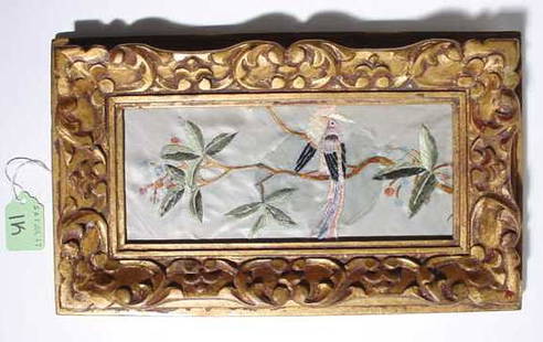 FRAMED GERMAN EMBROIDERY ON SILK,: FRAMED GERMAN EMBROIDERY ON SILK, the decorations depicting a bird; 8 inches by 3-1/2 inches (Est. 40-60)PROVENANCE: Jenny Asby Webb, Houston, Texas