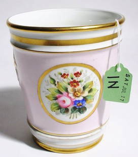 CONTINENTAL STYLE FLORAL DECORATED CERAMIC CACHE' P: CONTINENTAL STYLE FLORAL DECORATED CERAMIC CACHE' POT WITH UNDERDISH, having gilt detailing; 5-1/2 inch height (Est. 50-70) PROVENANCE: Jenny Asby Webb, Houston, Texas