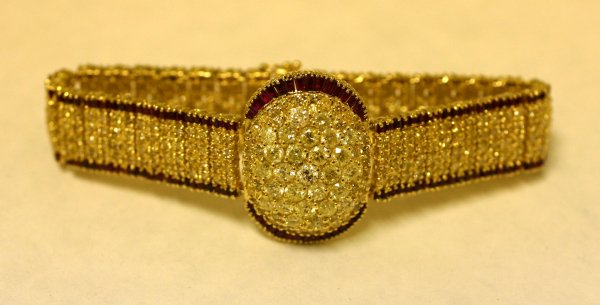 14 KT. YELLOW GOLD, DIAMOND AND RUBY BRACELET, th