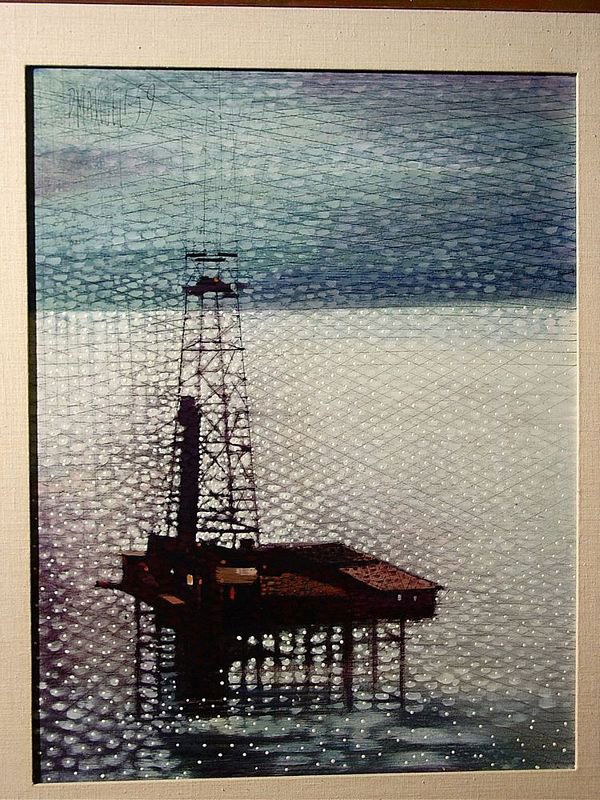 PAUL MAXWELL (American, B. 1925); oil on masonite,: PAUL MAXWELL (American, B. 1925); oil on masonite, image size 36 inches by 28 inches; ''Oil Rig''; signed upper left and dated '59 (Est. 800-1200)