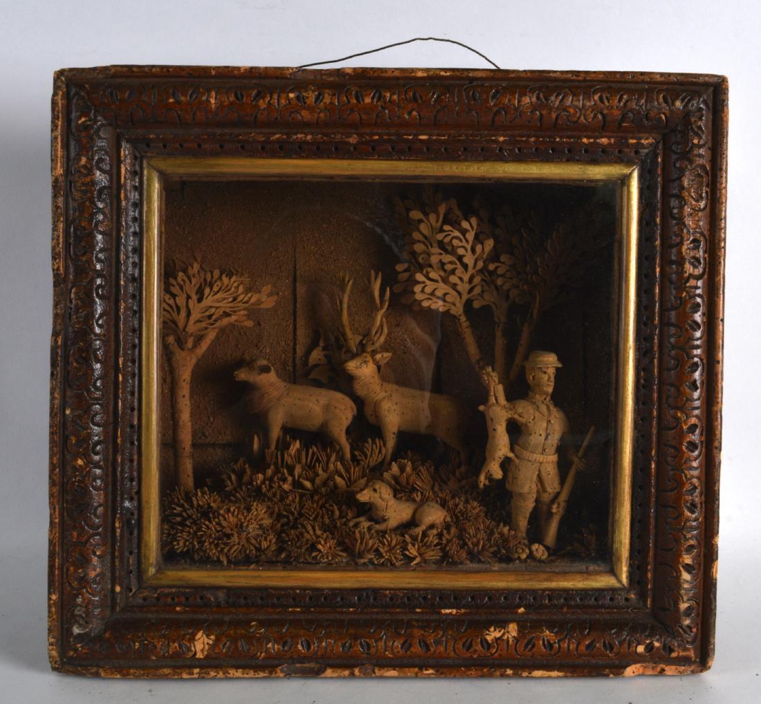 AN UNUSUAL LARGE 19TH CENTURY CARVED CORK DIORAMA in: AN UNUSUAL LARGE 19TH CENTURY CARVED CORK DIORAMA in the form of a huntsman within a landscape beside trees. 1Ft 2ins x 12ins.
