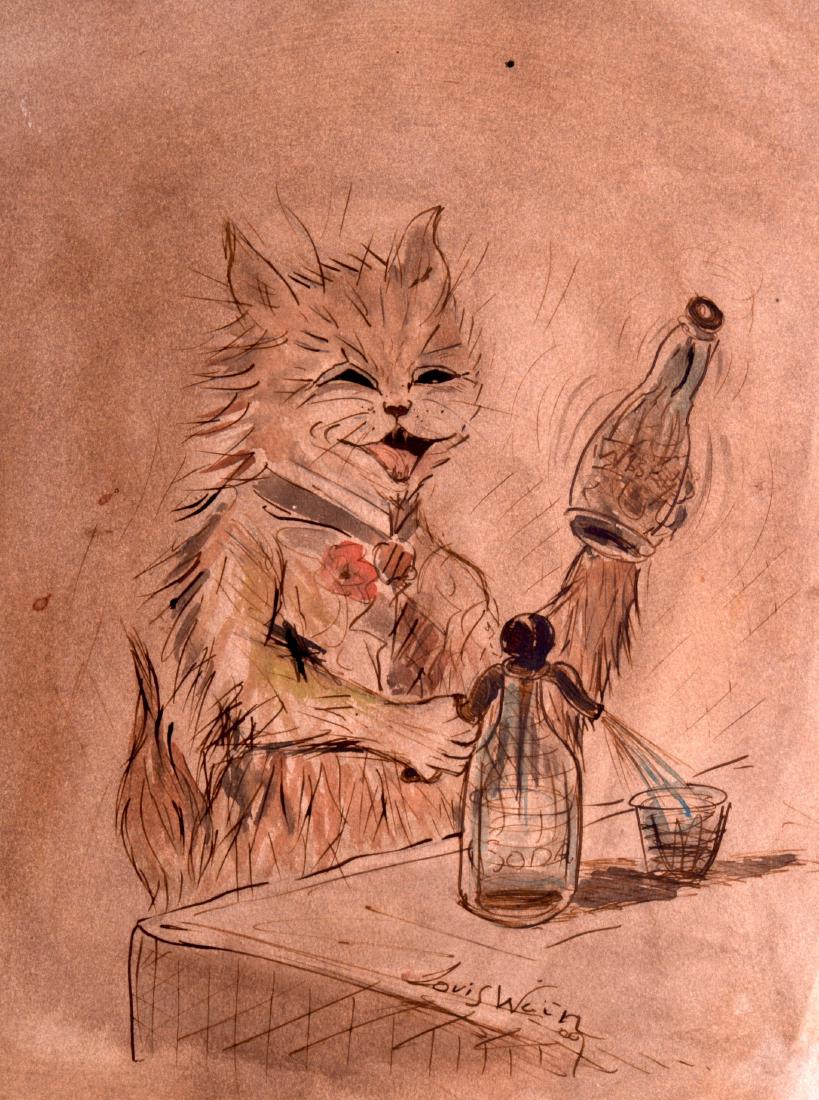 AN UNFRAMED PEN & WATERCOLOUR, signed Louis Wain, "Cat: AN UNFRAMED PEN & WATERCOLOUR, signed Louis Wain, "Cat Bartender". 1 ft 8ins x 1 ft 2ins.