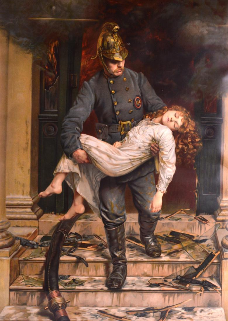 AN EARLY FRAMED PRINT OF A FIREMAN CARRYING A YOUNG (1 of 4)